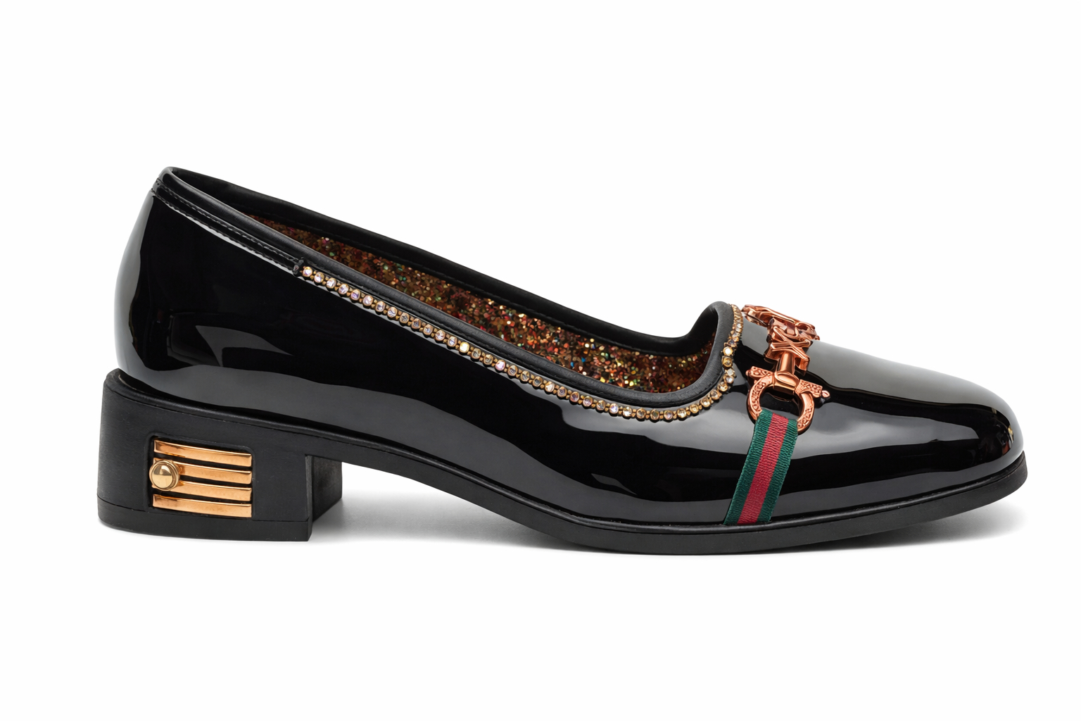 Women Glossy Flat Slip On Loafers with Decorative Chain