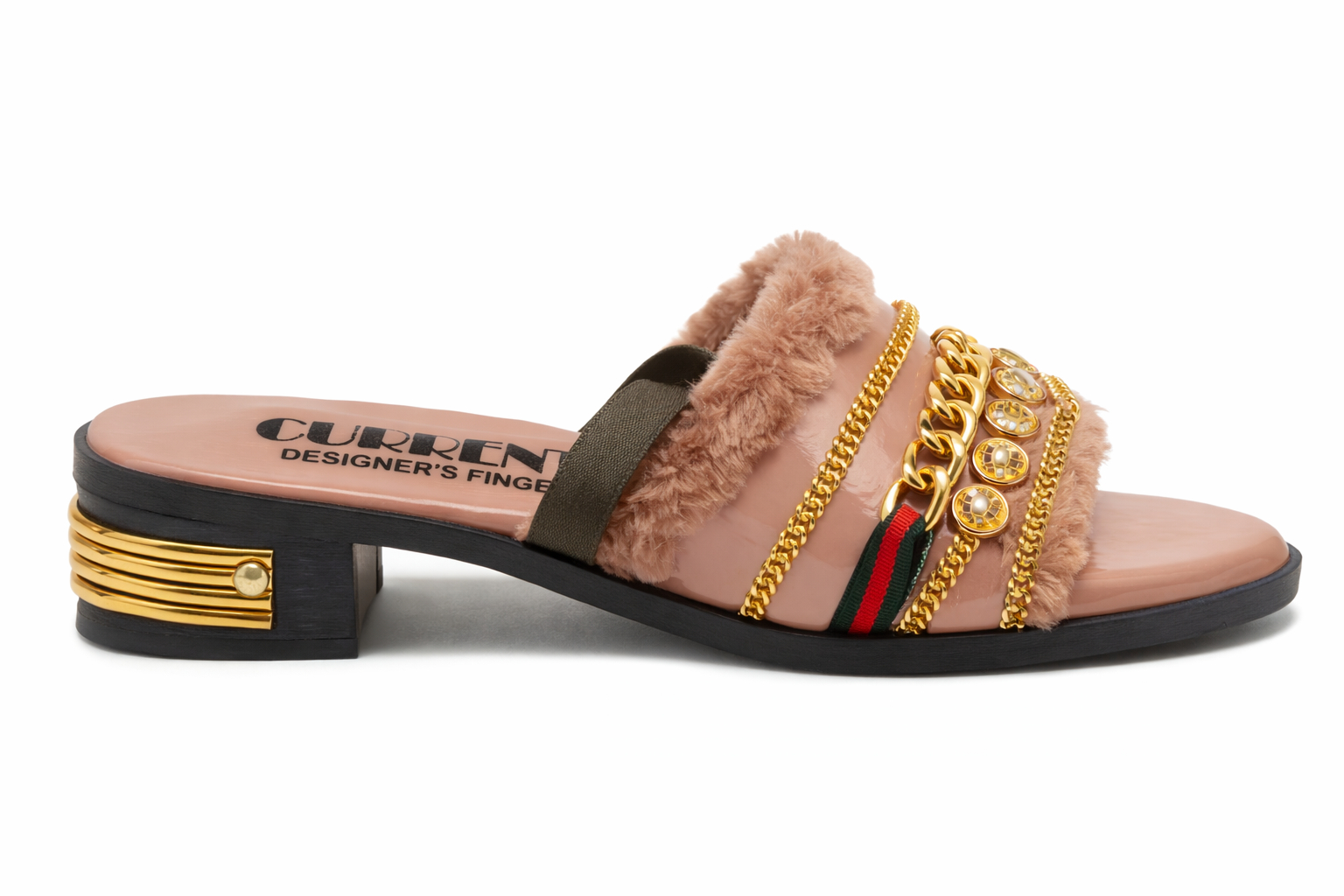 Women Faux Fur Trim Flat Slide Sandals with Chain Detail