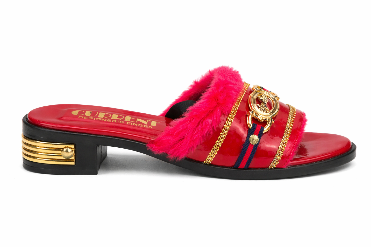 Women Red Flat Faux Fur Slide Sandals with Decorative Chain