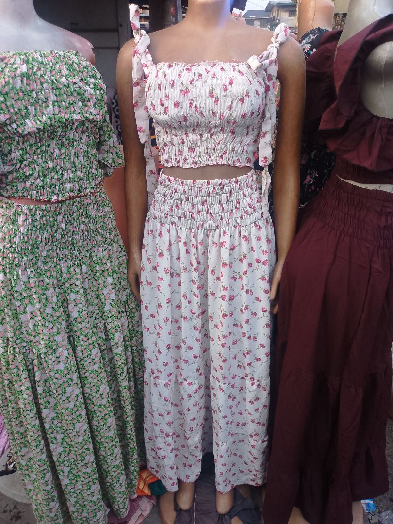 Floral Smock Crop Top and Wide Leg Pants Set