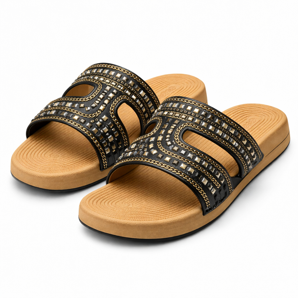 Stylish Slip On Sandal with Black and Gold Detailing