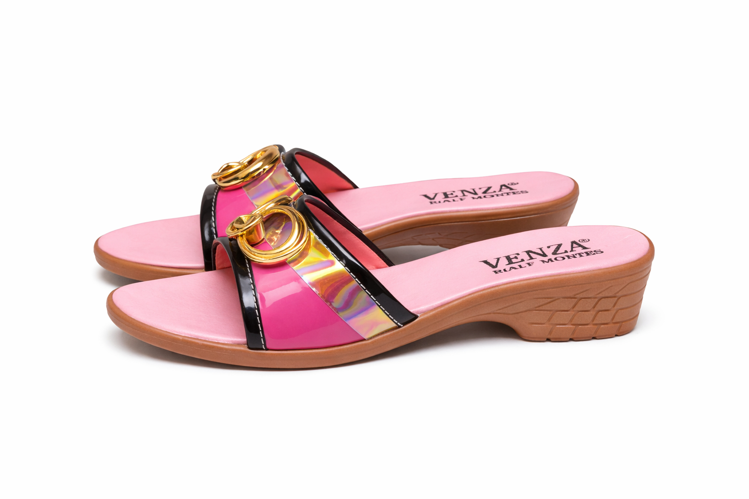 Women pink Slip On Wedge Sandals with Decorative Strap