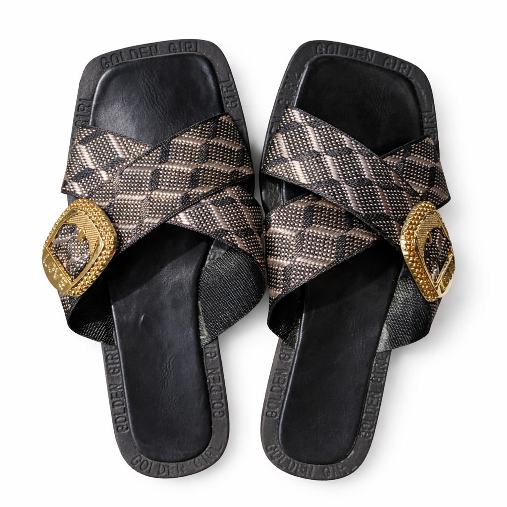Quality Women Patterned Slip On Sandals with Gold Buckle