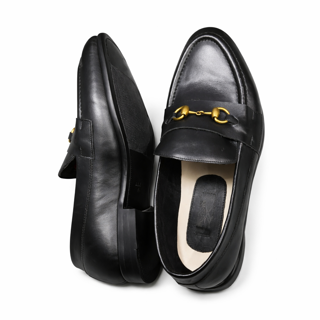 Men Black Leather Horsebit Loafers