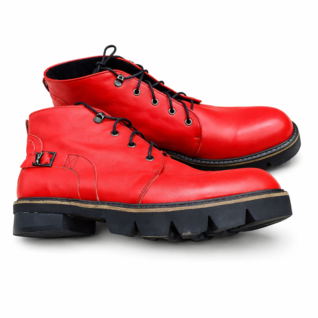 Men Red Leather Lace Up Ankle Boots