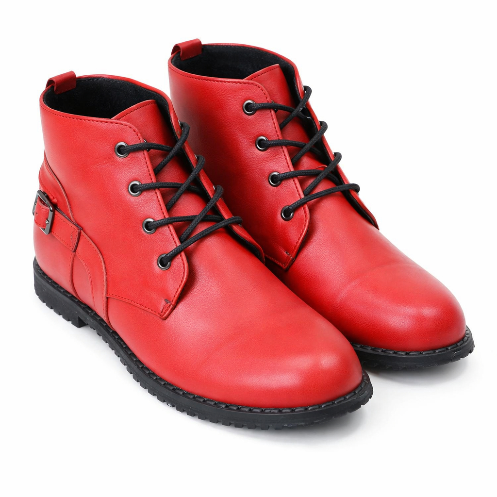 Men Red Leather Lace Up Ankle Boots
