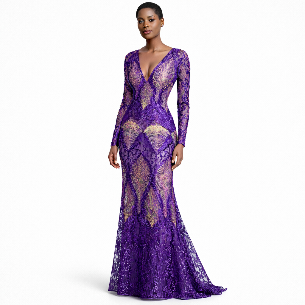 Luxury Purple Embroidered Lace Fabric with Gold Foil Pattern