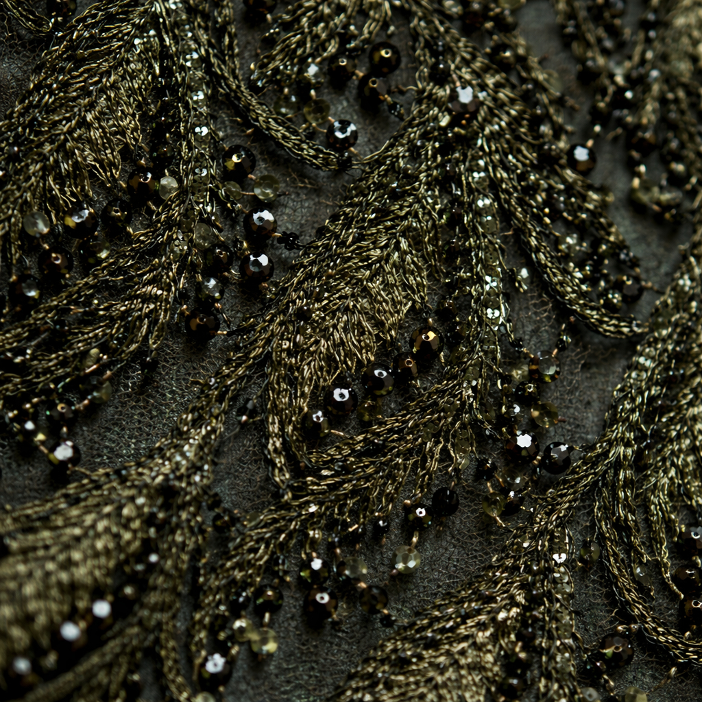 Luxury Dark Green Beaded Lace Fabric