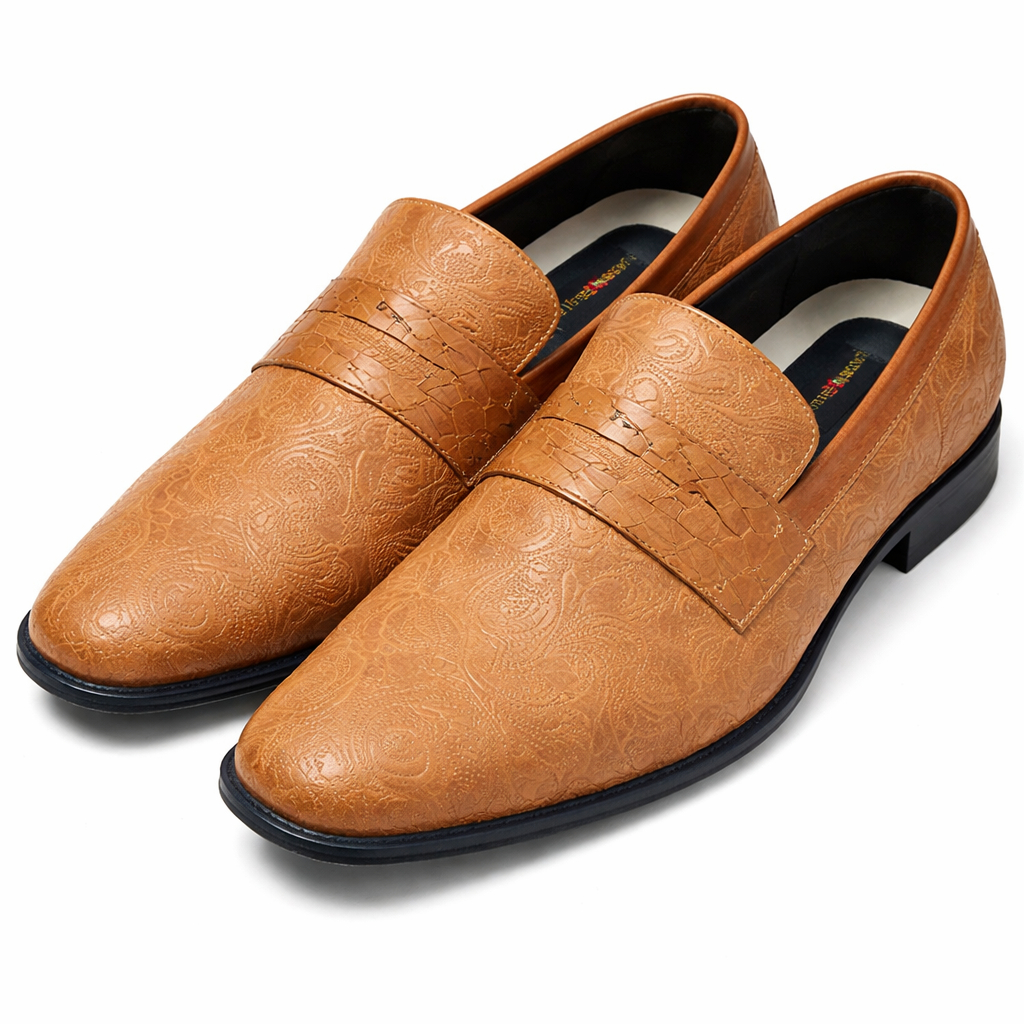 Men Brown Embossed Leather Slip On Loafers