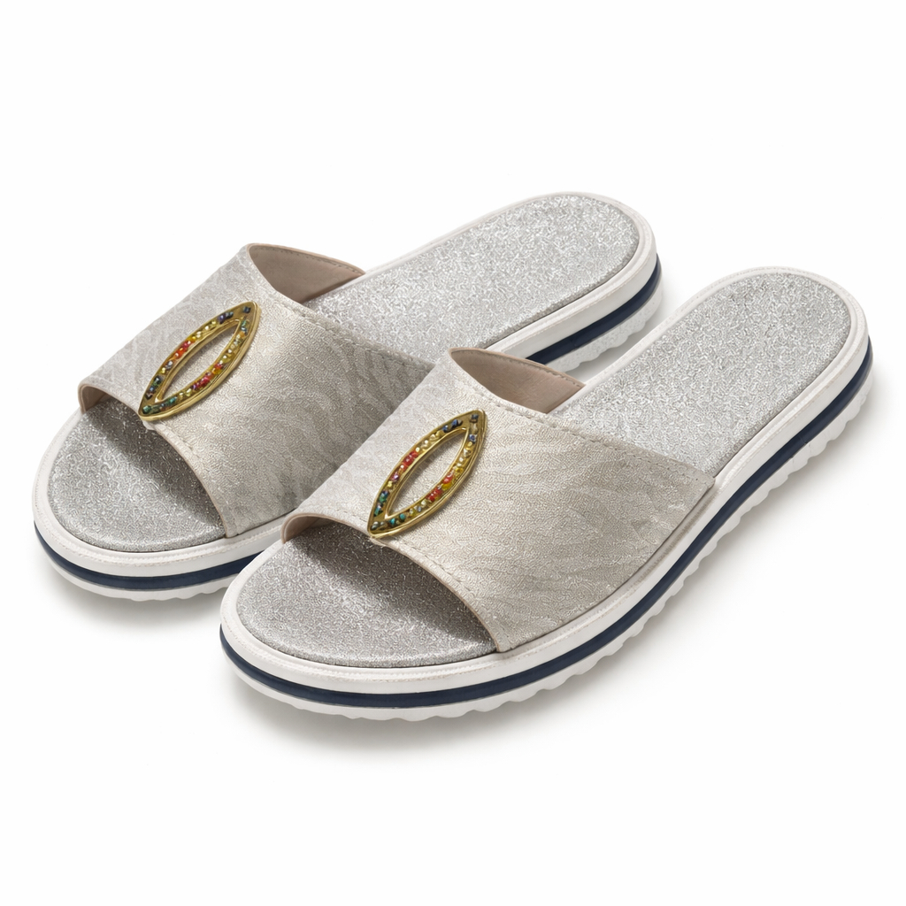 Stylish Slip On Sandals with Glittery Finish and Metallic Embellishment