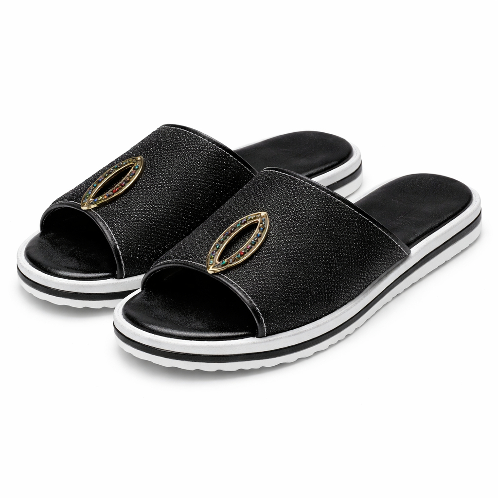 Stylish Slip On Sandals with Glittery Finish and Metallic Embellishment