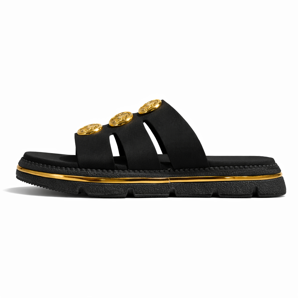 Quality Black Sandals with Gold Toned Lion Head Buttons