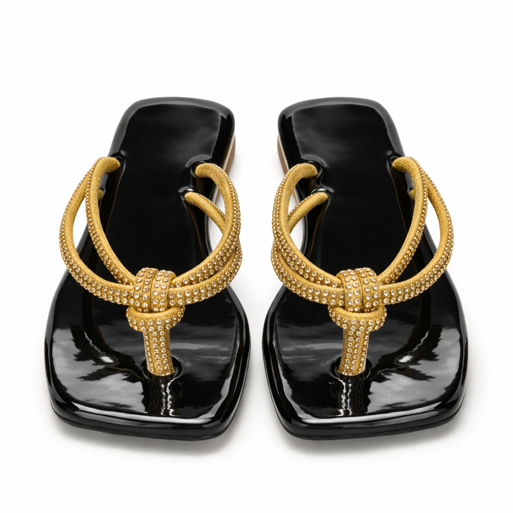 Women Glossy Black Sandals with Golden Embellished Straps