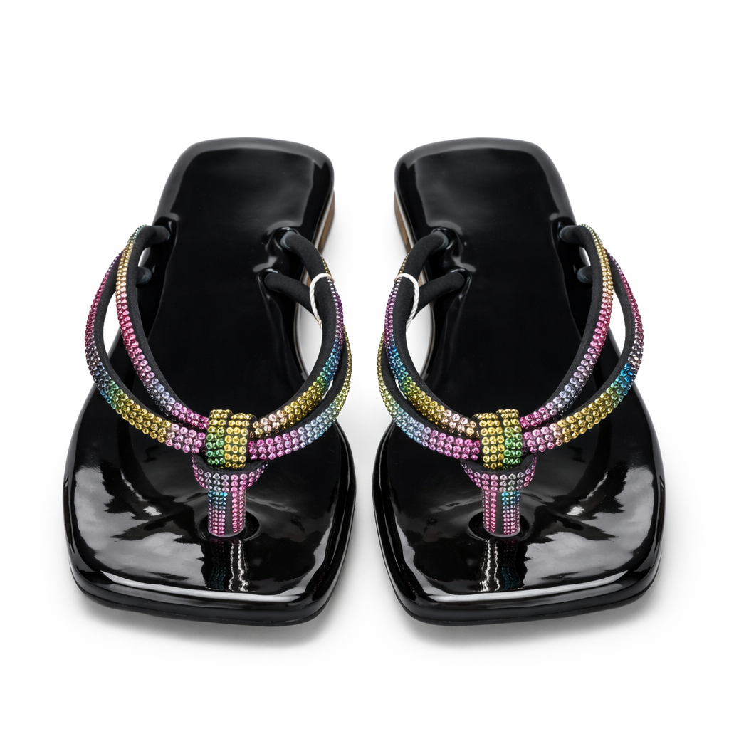 Women Flat Sandals with Multicolored Rhinestone Straps