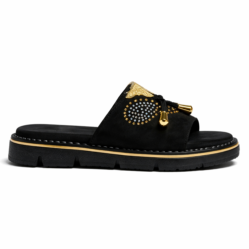 Stylish Black Slip On Sandal with Decorative Studs and Gold Accents