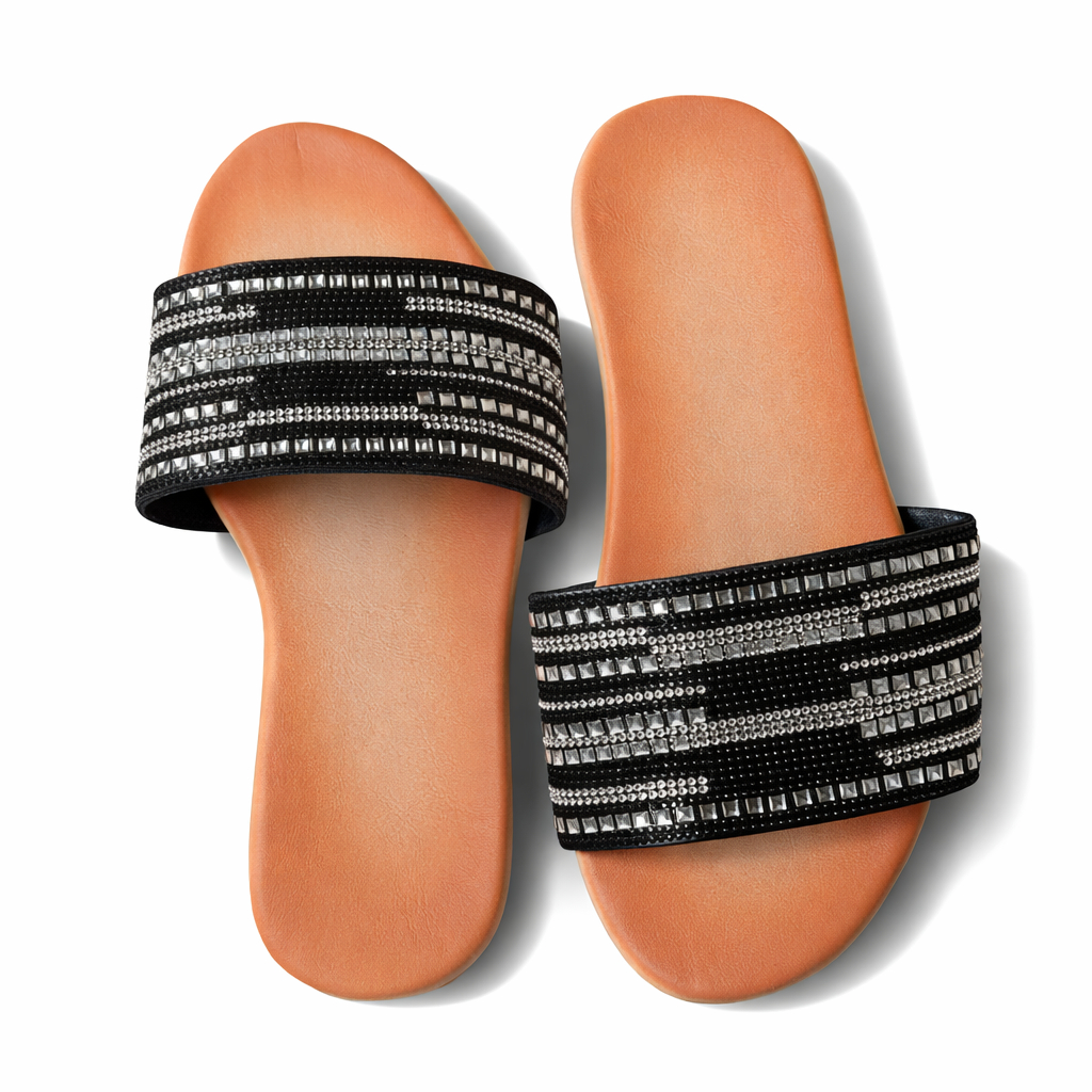 Stylish Women Slip On Sandals with Embellished Black Strap