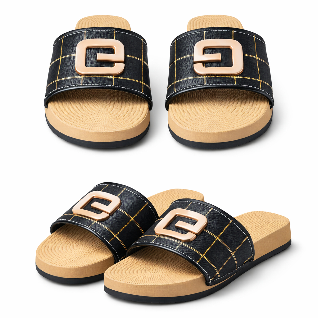Stylish Slip On Sandals with Checkered Strap and Decorative Buckle