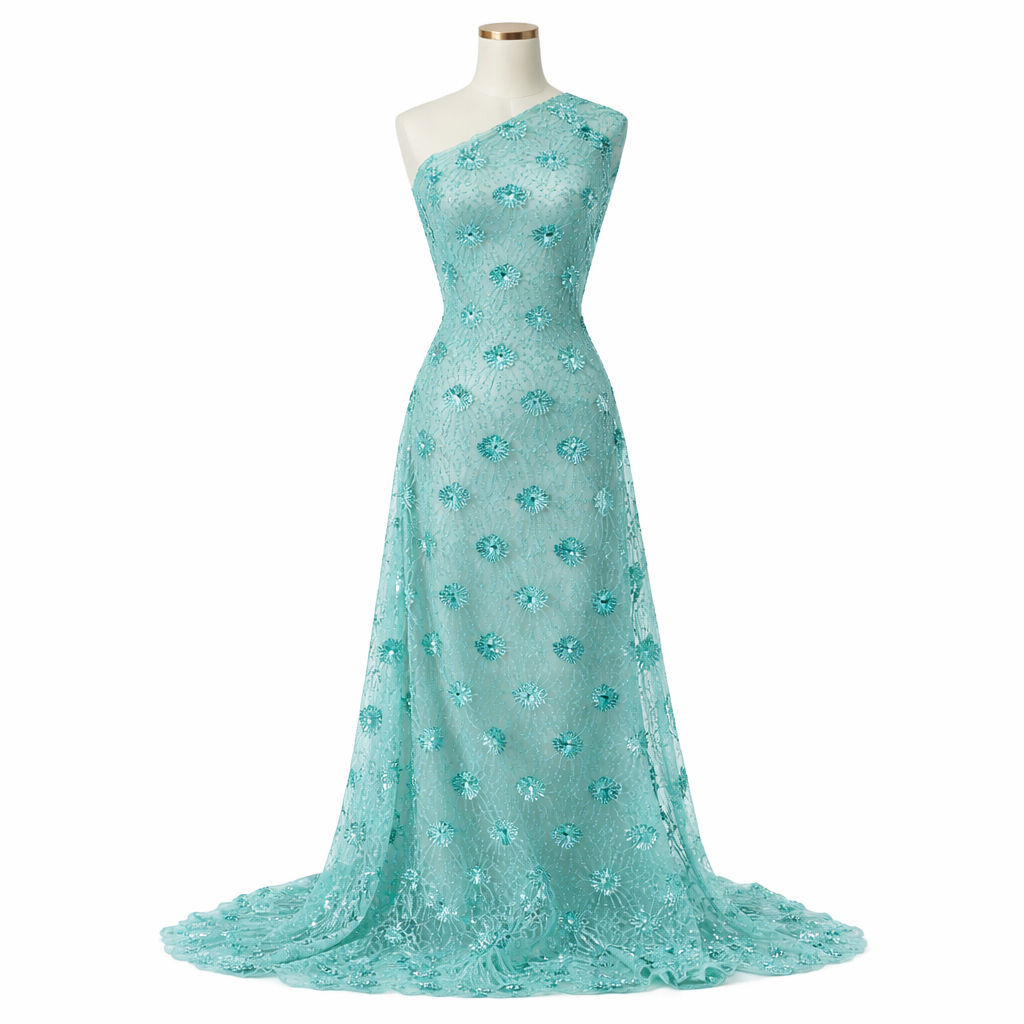 Sky Blue floral embroidered Beaded Lace Fabric