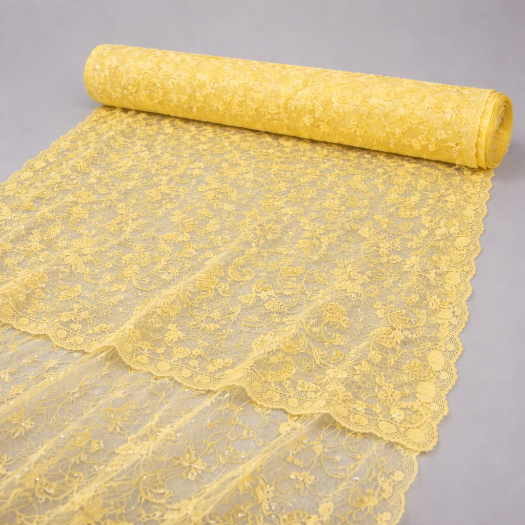 Yellow Embroidered Lace Fabric