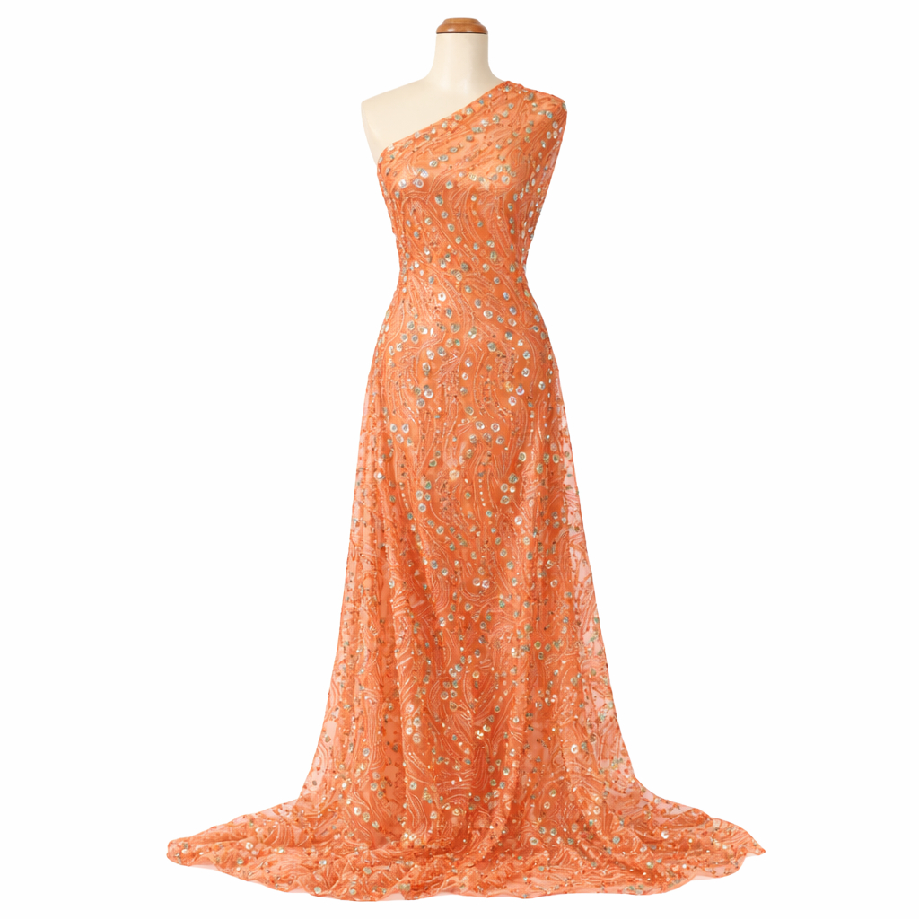 Peach Beaded Embroidered Lace Fabric