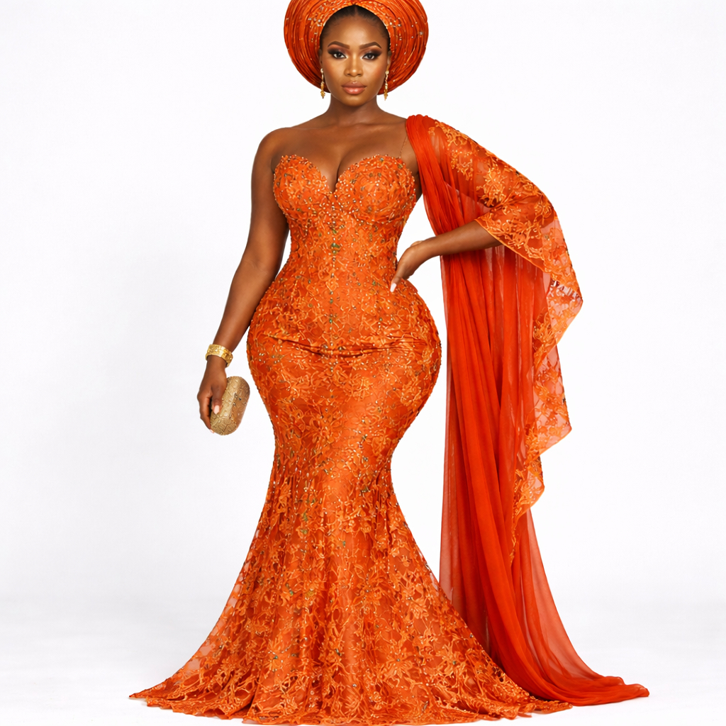 Burnt Orange Embroidered Lace Fabric