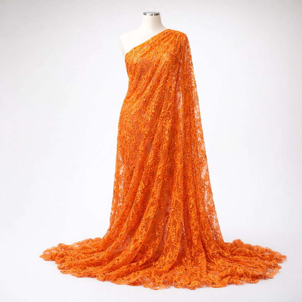 Burnt Orange Embroidered Lace Fabric