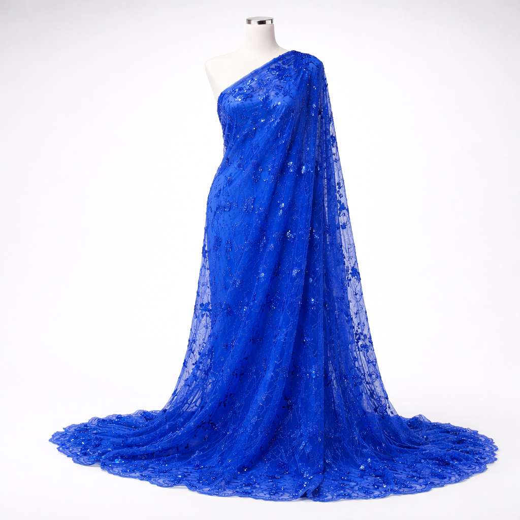 Royal Blue floral Beaded Lace Fabric