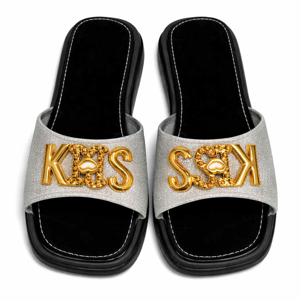 Glittery Silver Slip On Sandals with Gold Embellishments