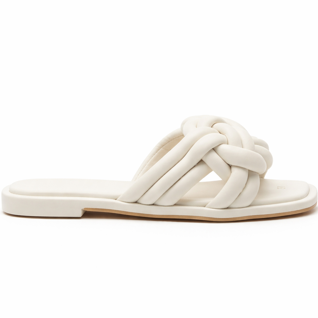 Women Cream Braided Strap flat slide sandals