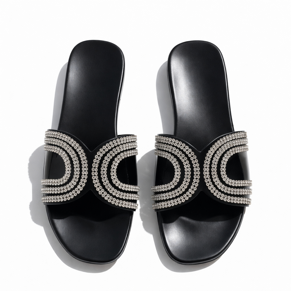 Black Slip On Sandals with Silver Embellishments