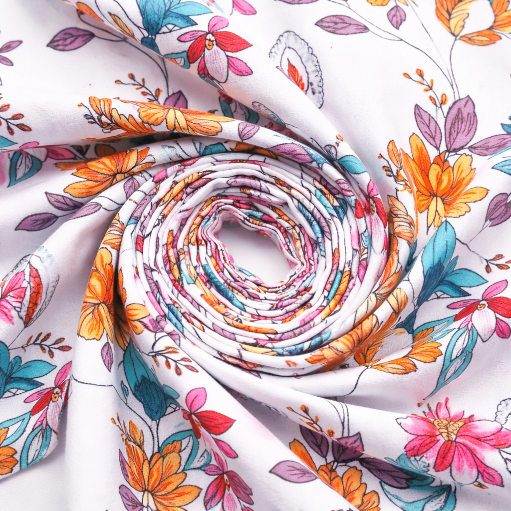 Artistic Vibrant Floral Illustration vintage Fabric on Pure White Base