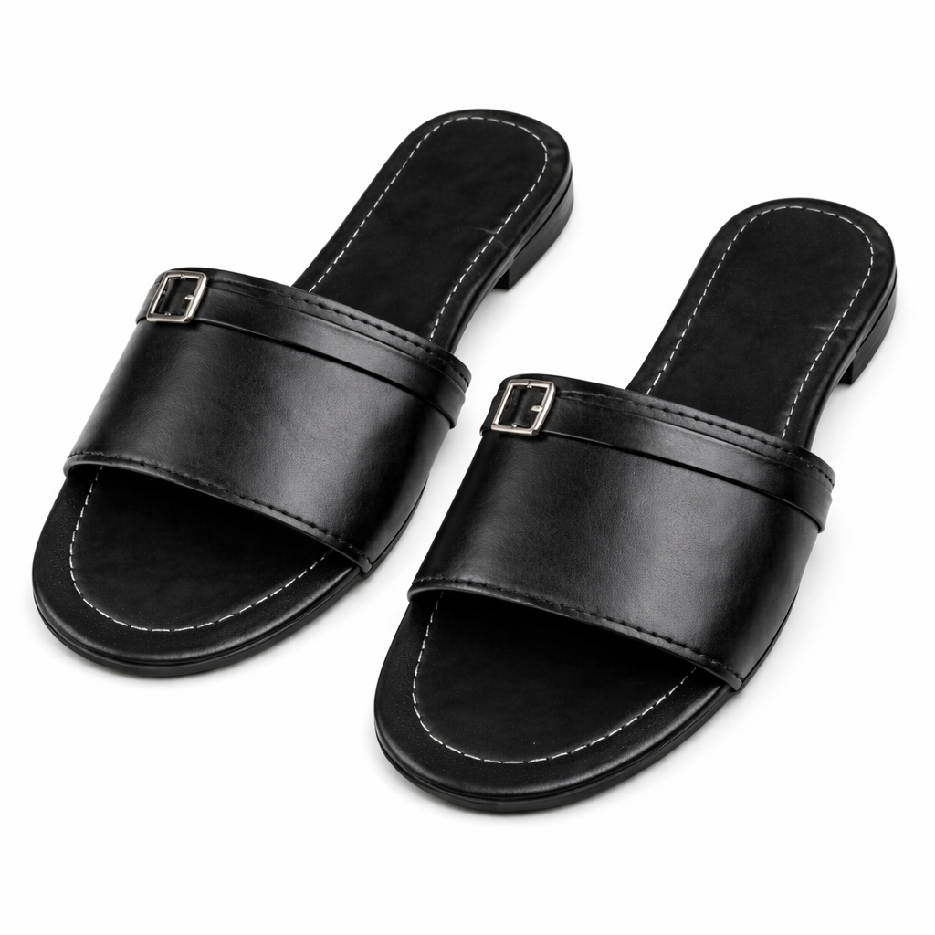 Black Slip On Leather Slide Sandals with Buckle Strap