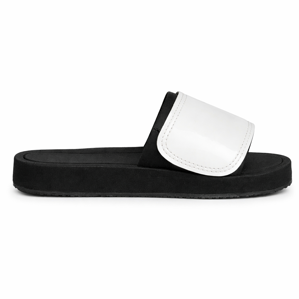 Women Flat Slide Sandals with Printed White Strap