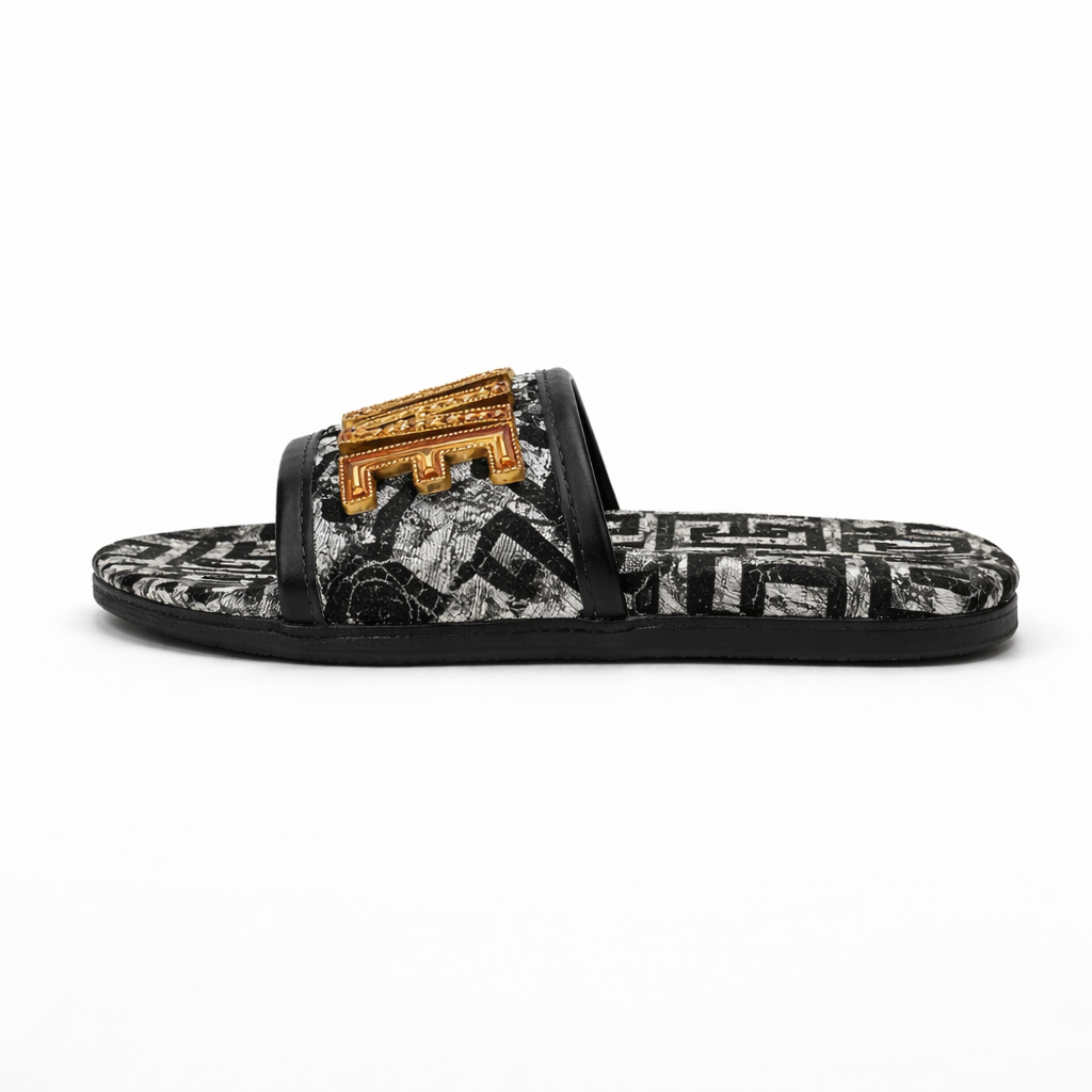 Patterned Slip On Flat Sandals with Decorative Strap Detail