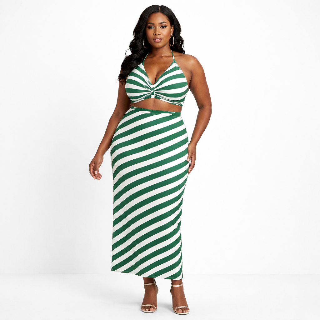 Green and White Striped Woven Fabric