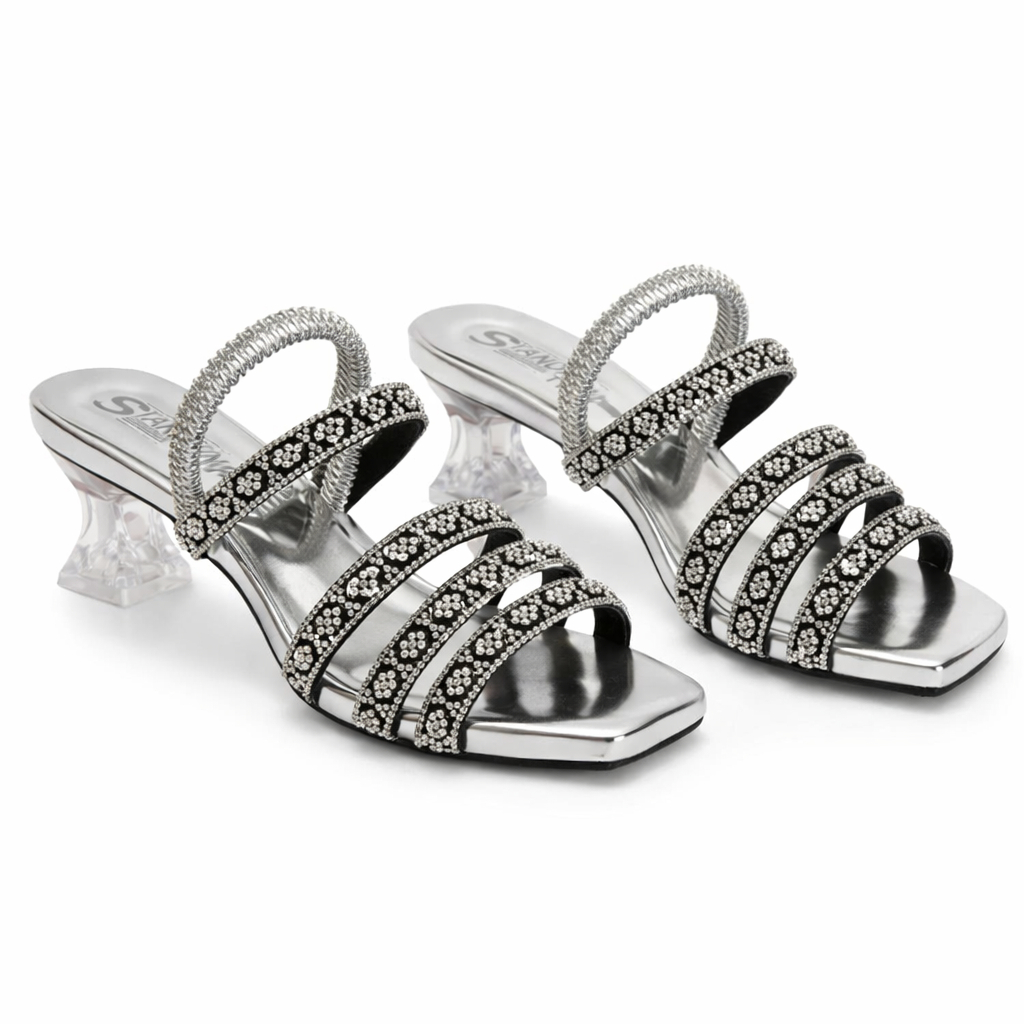 Silver Embellished Heeled Sandals with Rhinestone Strap Design