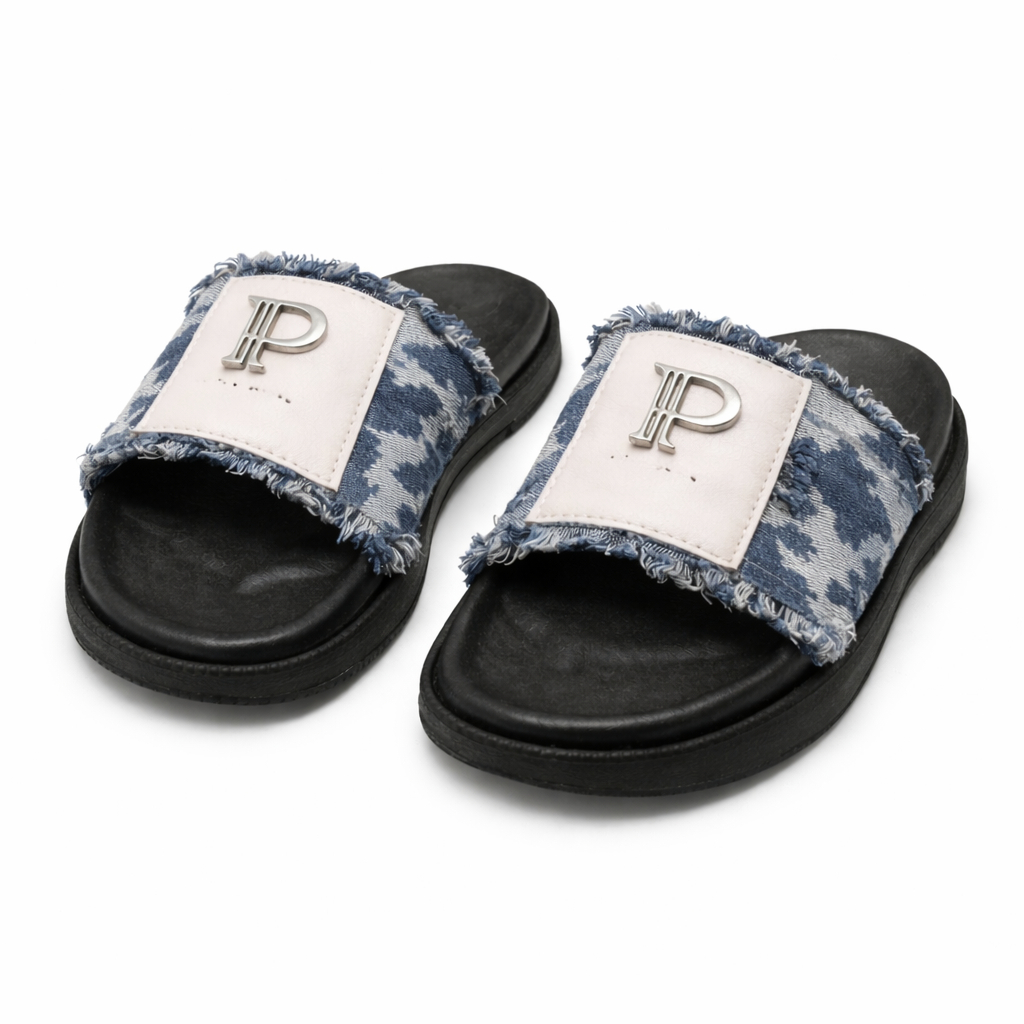 Quality Slip On Sandals with Frayed Denim and Leather Patch