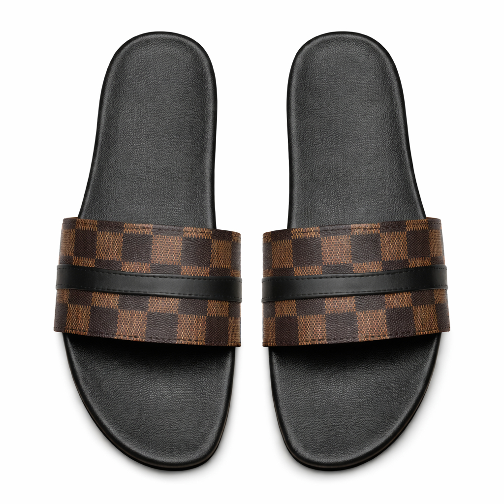 Stylish Slide Sandal with Checkered Strap and Gold Emblem