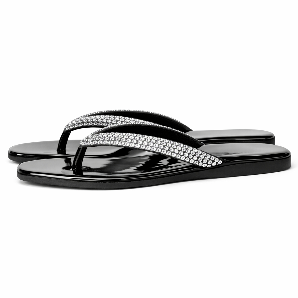 Silver Crystal Strap Flat Flip Flop Sandals for Women