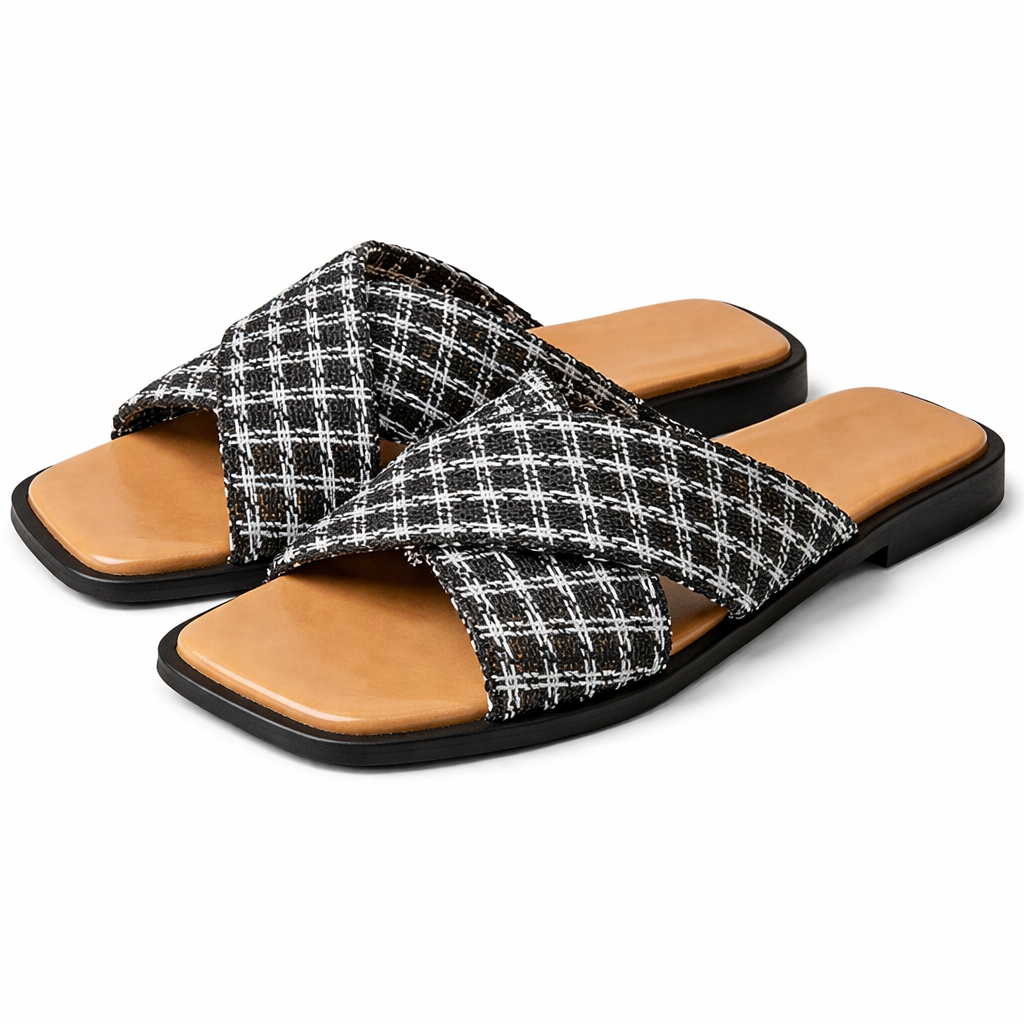 Woven Mesh Cross Strap Flat Slide Sandals for Women