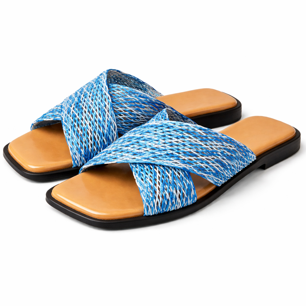 Blue Woven Cross Strap Flat Slide Sandals for Women