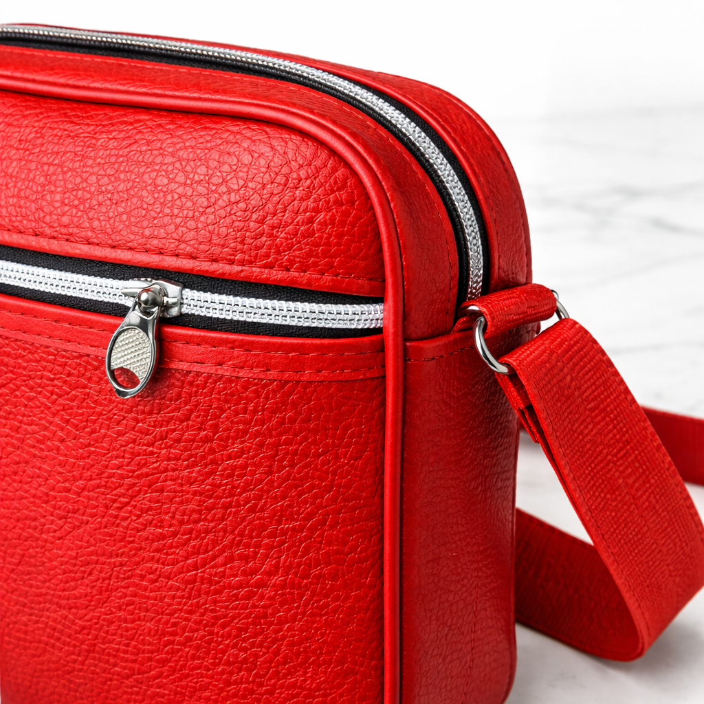 Red Textured Crossbody Sling Bag with Zip Closure