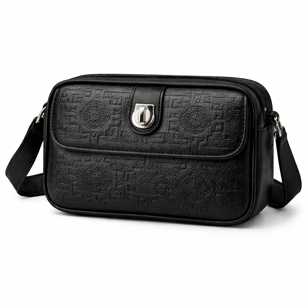 Black Leather Shoulder Bag with Embossed Design