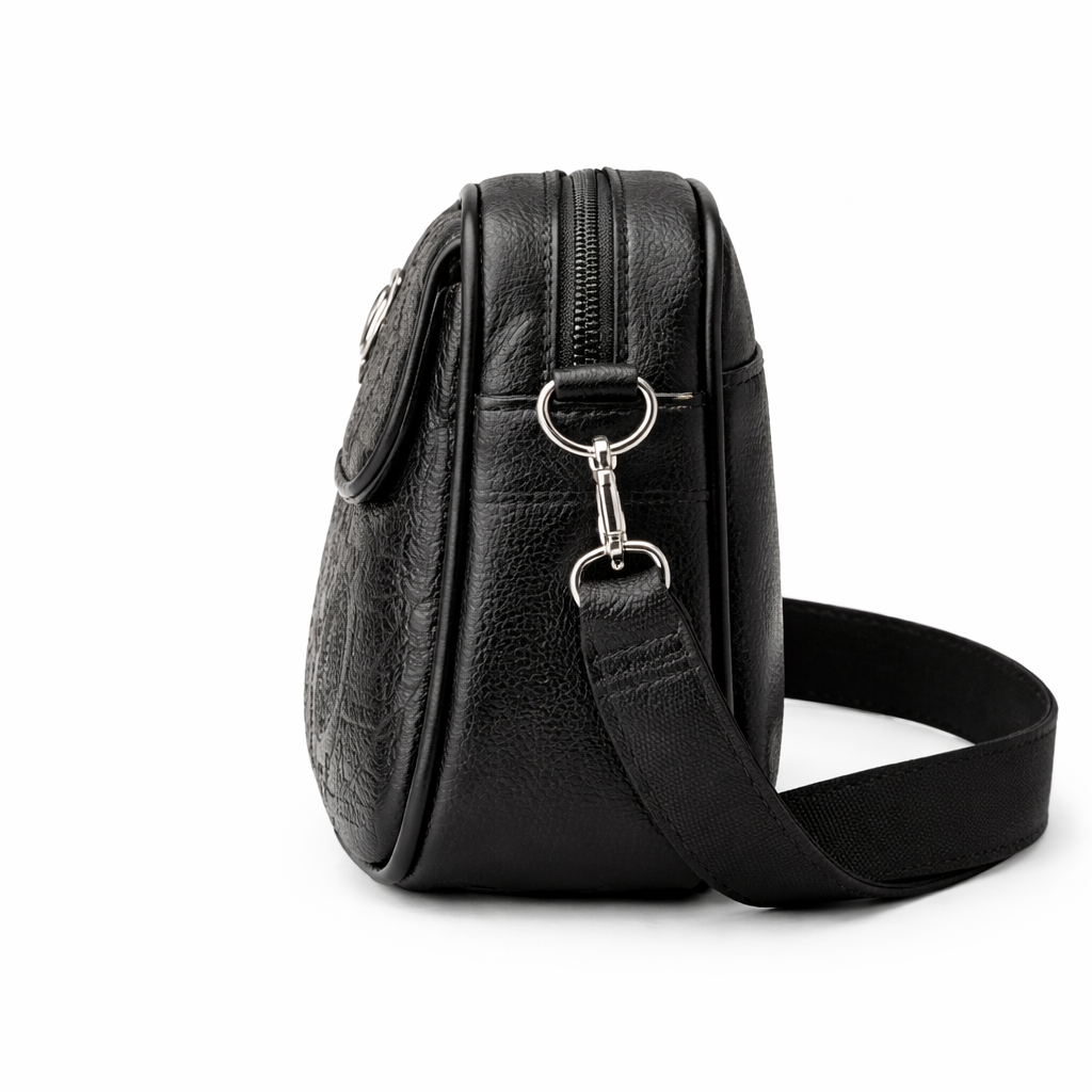 Black Leather Shoulder Bag with Embossed Design