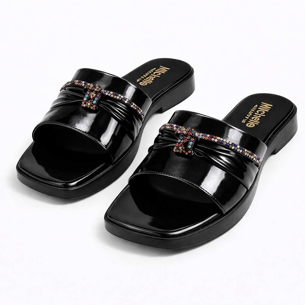 Elegant Black Slip On Sandal with decorative multicolour rhinestones