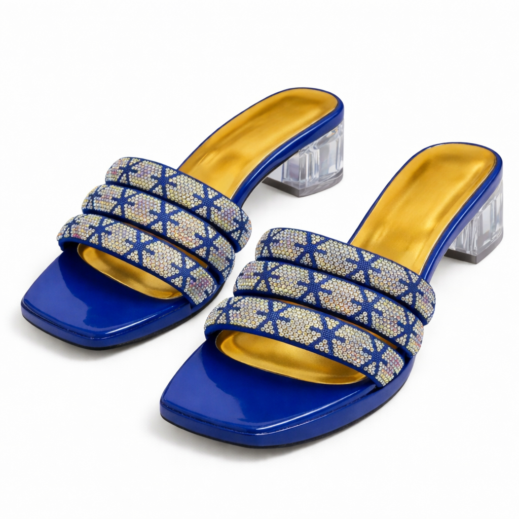 Royal Blue Open Toe Slip On block heel with Rhinestone Embellishments