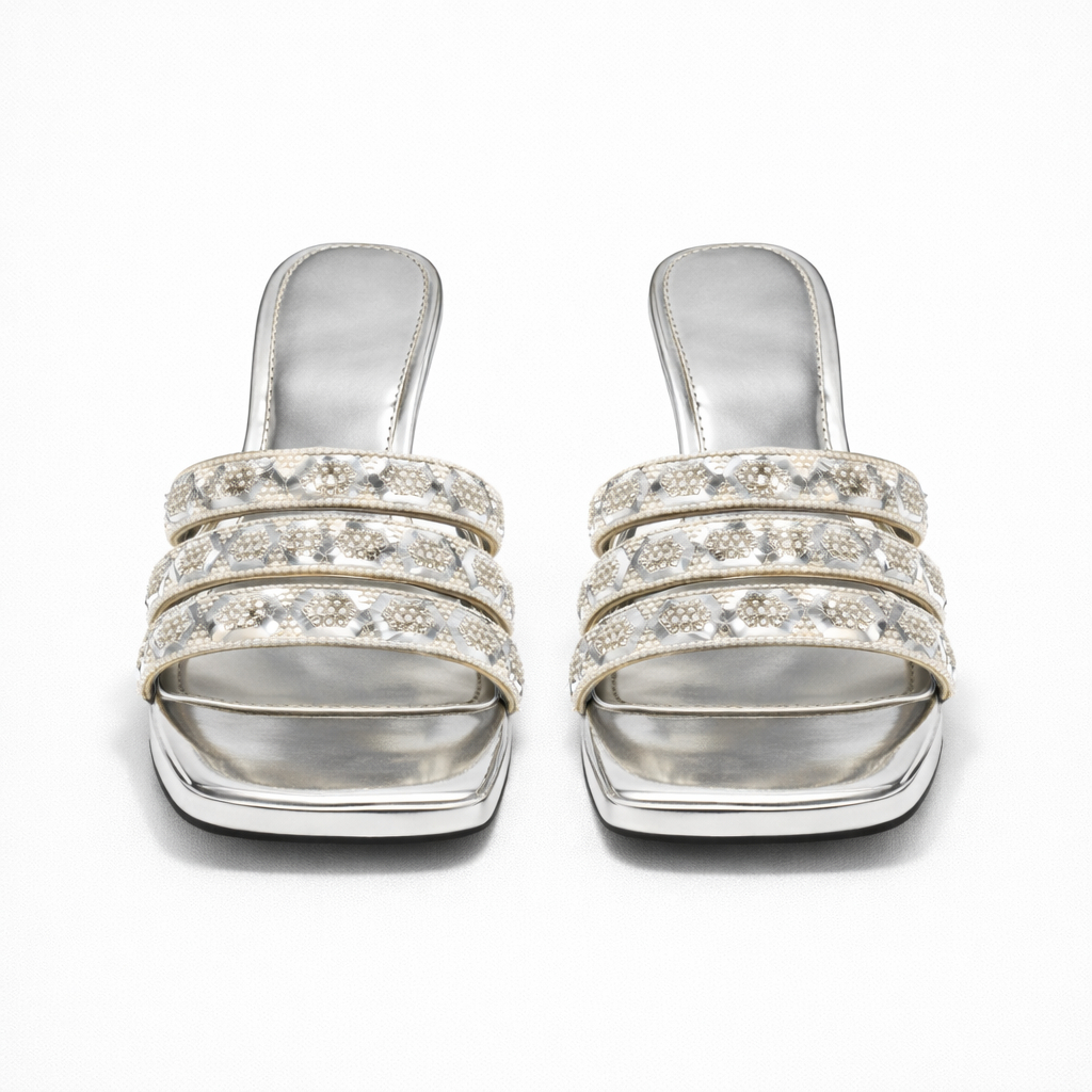 Metallic Silver Open Toe Slip On Sandals with Rhinestone Embellishments