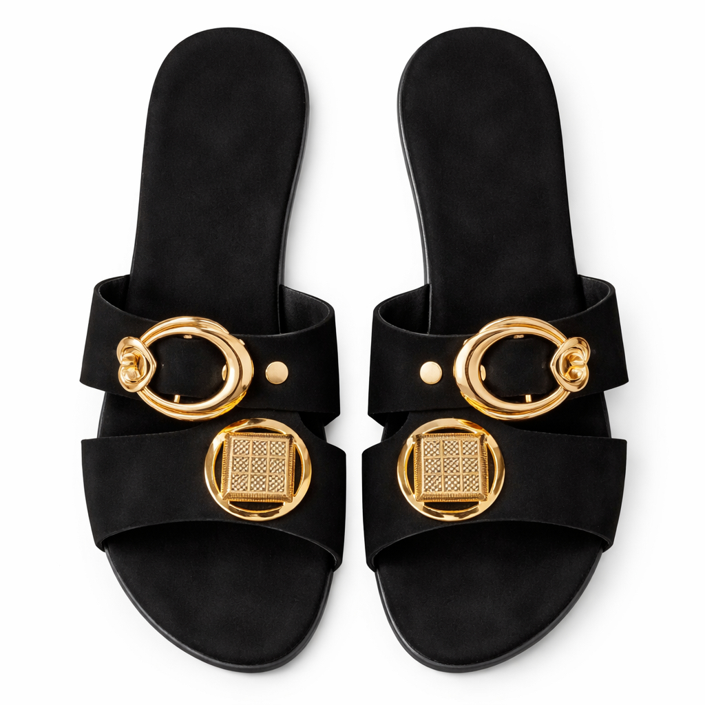 Black Flat Slide Sandals with Gold Tone Decorative Buckles
