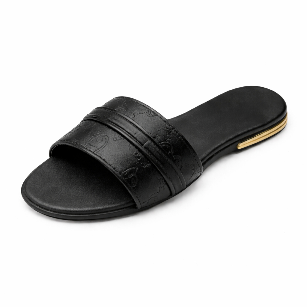 Women Open Toe Slip on Flat Sandals with black strap