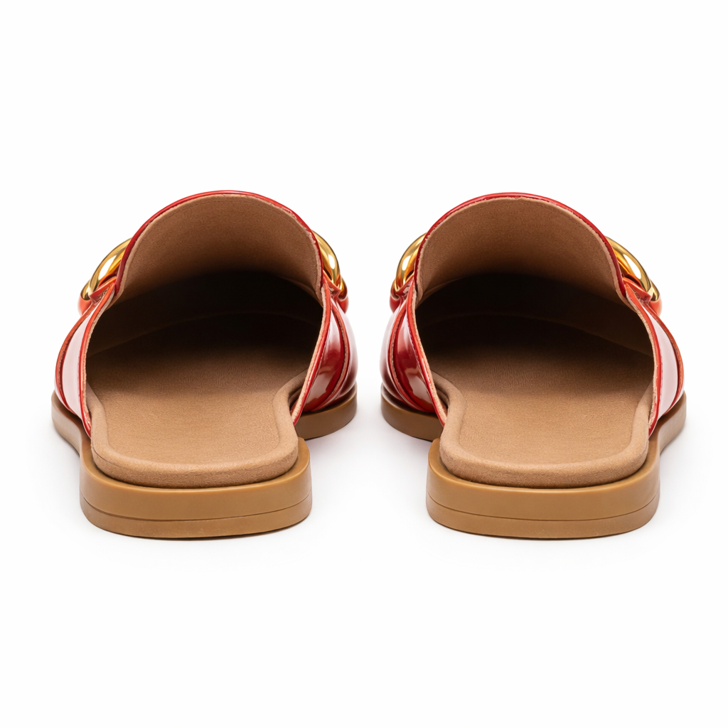 Glossy Red Flat Mule Slides with Gold Chain Detail